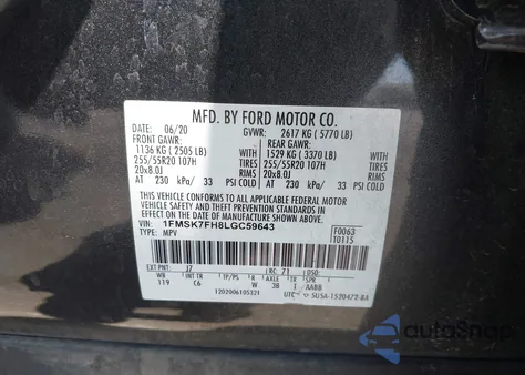 2020 Ford Explorer Limited z USA, uszkodzony, nr VIN 1FMSK7FH8LGC59643